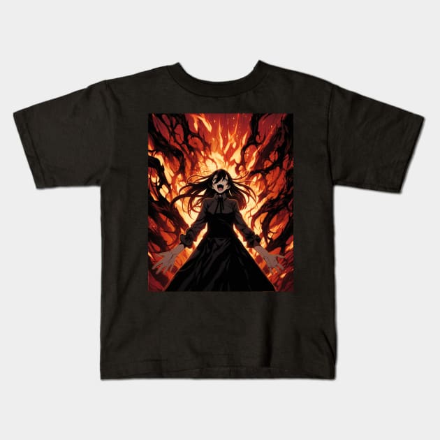 Manga Witch Girl with flames Kids T-Shirt by AtomicMadhouse